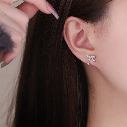 Shimmering Bow Drop Stud Earrings