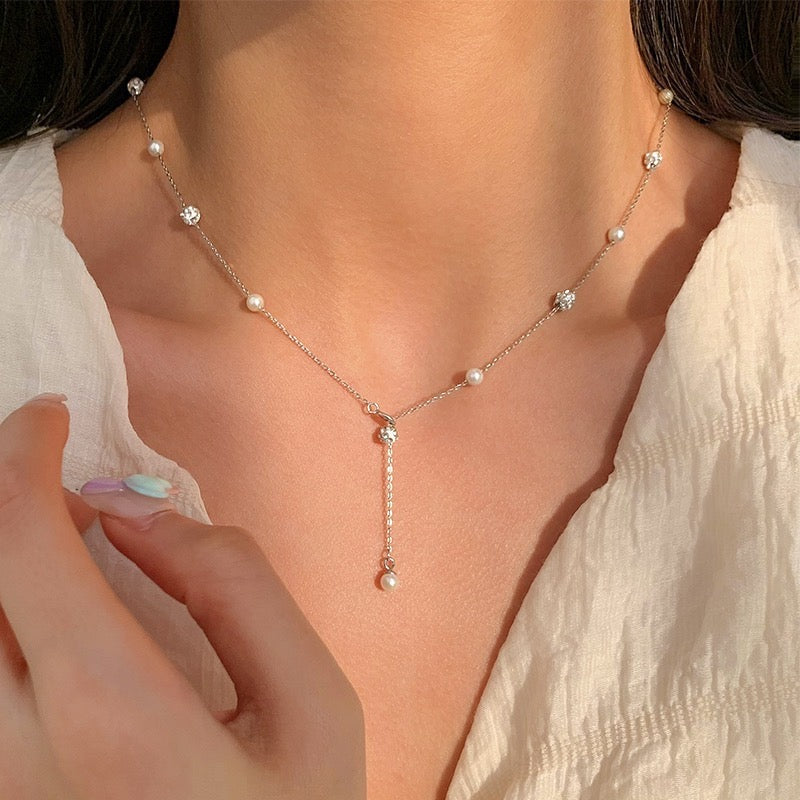 Pavé and Pearl Beads Spacer Silver Necklace