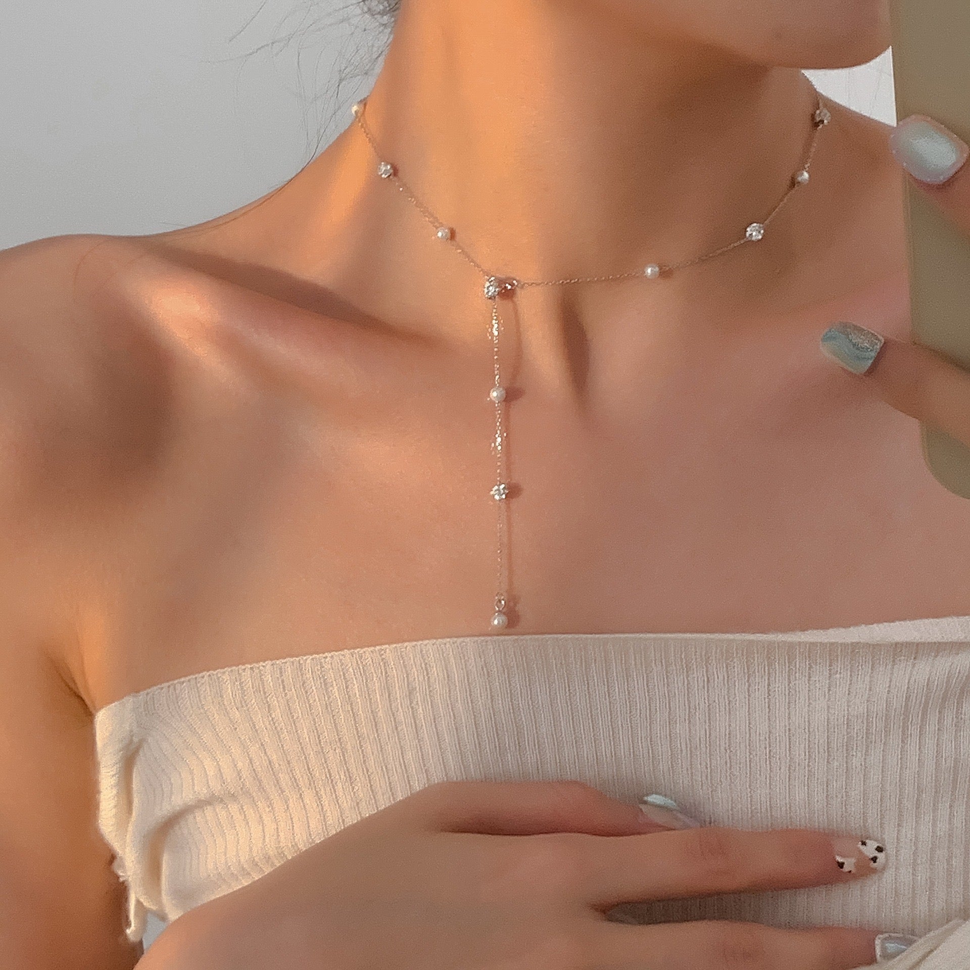 Pavé and Pearl Beads Spacer Silver Necklace