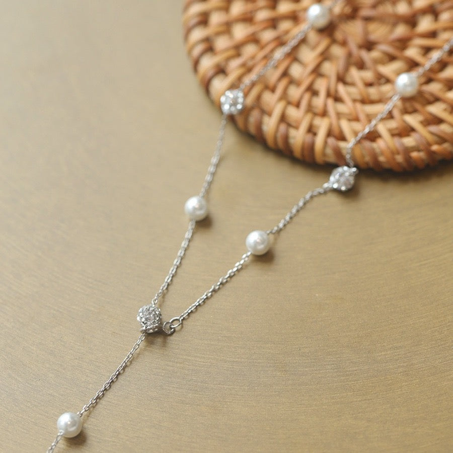 Pavé and Pearl Beads Spacer Silver Necklace